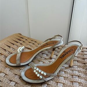 CHANEL Beige Pearl-Adorned Heels